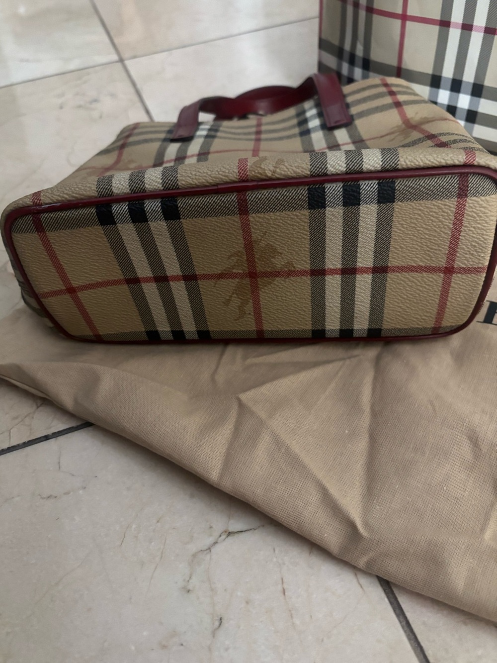 Burberry Vintage Nova Check Cadogan 2 Tote Bag Burgundy Leather Trim PRISTINE - Picture 5 of 9
